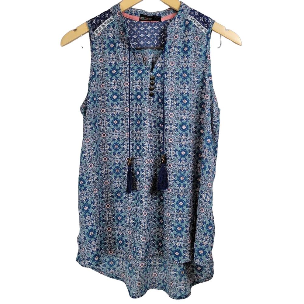 Weavers Womens Sleeveless Tunic Top Geometric Print Tassel V Neck Blue‎